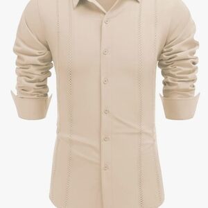 Tan Casual Button Down Shirt with Slim Fit and Pointed Collar